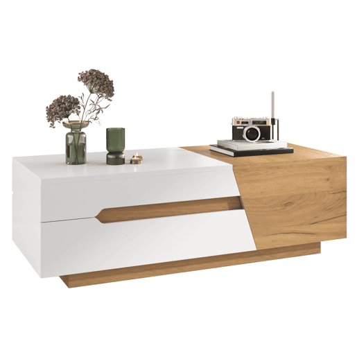 Mesa de centro extensível - Mesa de sala com gavetas - Mesa auxiliar com estrutura em blocos coloridos - Natural, Branco