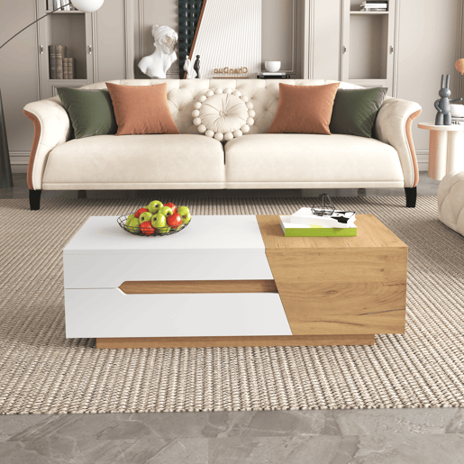 Mesa de centro extensível - Mesa de sala com gavetas - Mesa auxiliar com estrutura em blocos coloridos - Natural, Branco