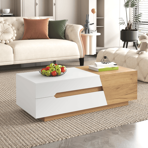Mesa de centro extensível - Mesa de sala com gavetas - Mesa auxiliar com estrutura em blocos coloridos - Natural, Branco