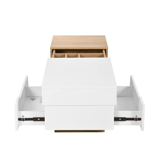 Mesa de centro extensível - Mesa de sala com gavetas - Mesa auxiliar com estrutura em blocos coloridos - Natural, Branco