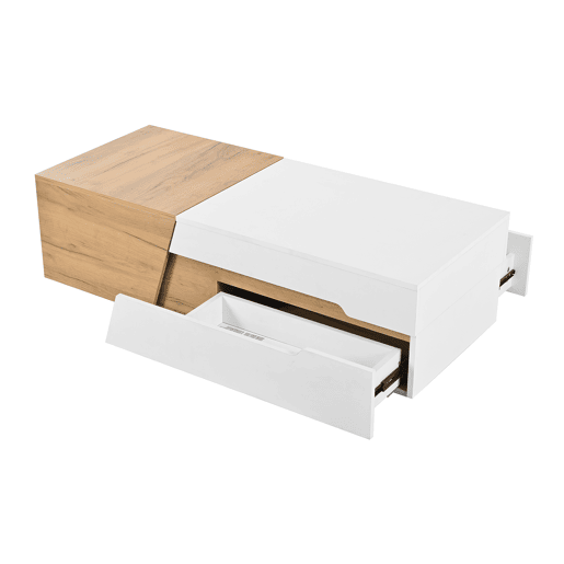 Mesa de centro extensível - Mesa de sala com gavetas - Mesa auxiliar com estrutura em blocos coloridos - Natural, Branco