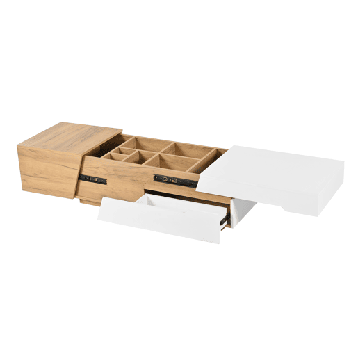 Mesa de centro extensível - Mesa de sala com gavetas - Mesa auxiliar com estrutura em blocos coloridos - Natural, Branco