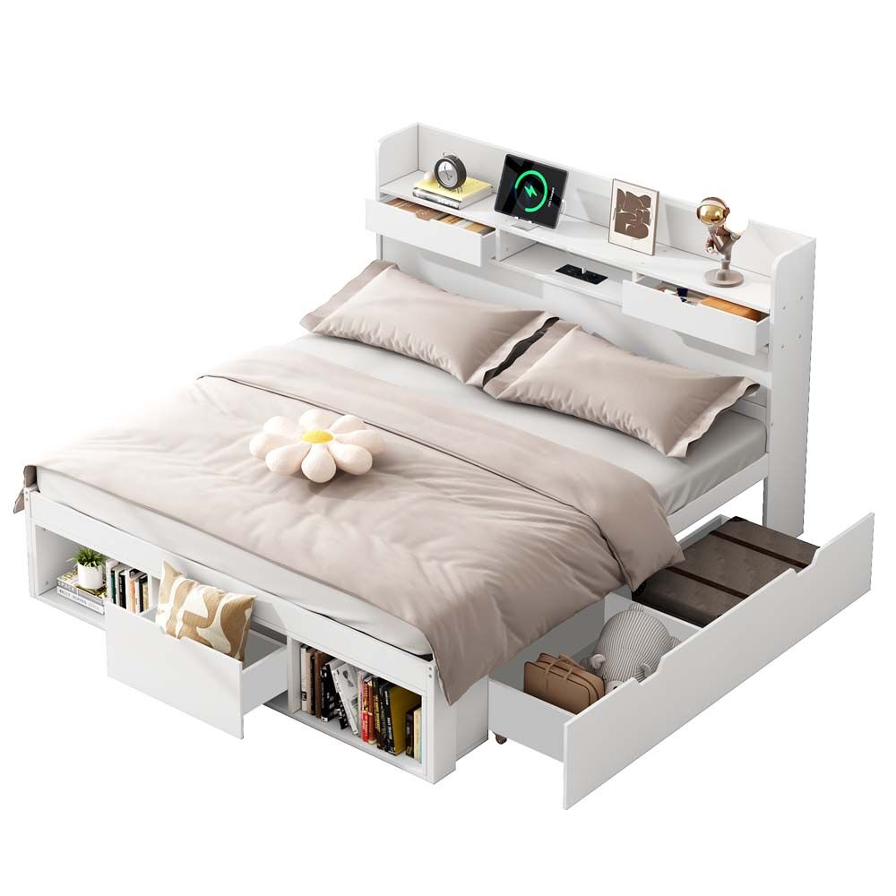 Cama doble 160x200cm - con puerto usb, cajones y armario, cama multifuncional, blanca