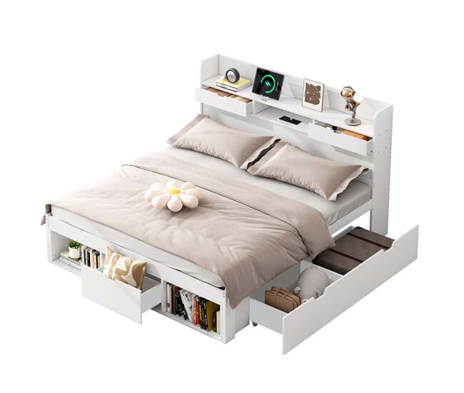 Cama doble 160x200cm - con puerto usb, cajones y armario, cama multifuncional, blanca