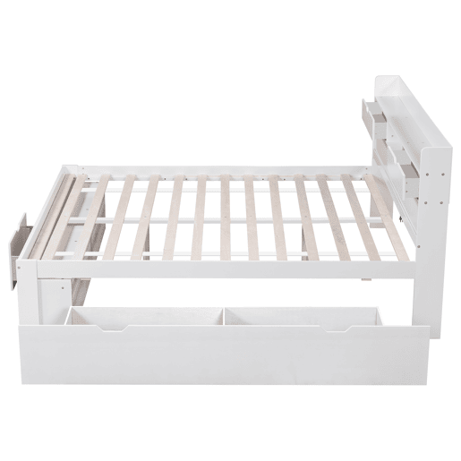 Cama de casal 160x200cm - Com porta USB, gavetas e armário, cama multifuncional, branca Cama de casal 160x200cm - Com porta USB, gavetas e armário, cama multifuncional, branca