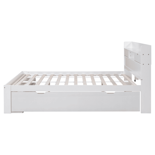 Cama de casal 160x200cm - Com porta USB, gavetas e armário, cama multifuncional, branca Cama de casal 160x200cm - Com porta USB, gavetas e armário, cama multifuncional, branca