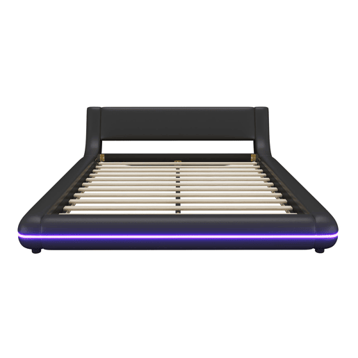 Cama plana 140x200 cm - Cama baixa, PU, luz ambiente LED, Preto