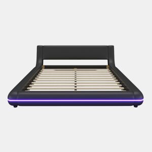 Cama plana 140x200 cm - Cama baixa, PU, luz ambiente LED, Preto