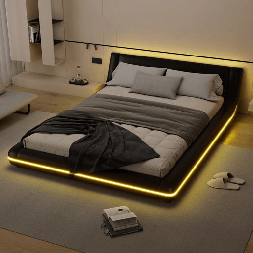 Cama plana 140x200 cm - Cama baixa, PU, luz ambiente LED, Preto