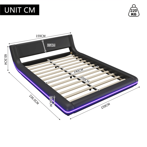 Cama plana 140x200 cm - Cama baixa, PU, luz ambiente LED, Preto