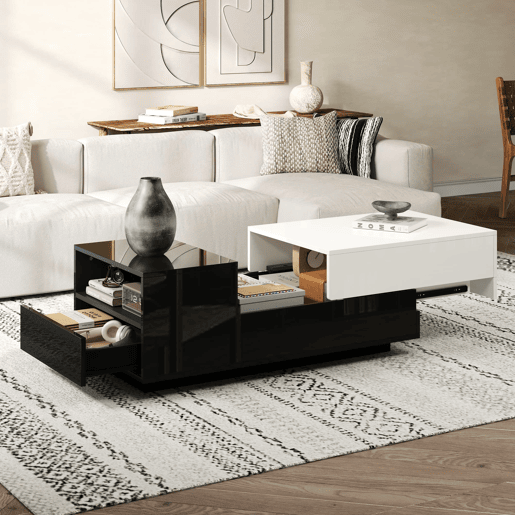 Mesa de centro 100 x 50 x 38 cm - Com 1 gaveta, mesa com placa deslizante, design geométrico, preto e branco Mesa de centro 100 x 50 x 38 cm - Com 1 gaveta, mesa com placa deslizante, design geométrico, preto e branco