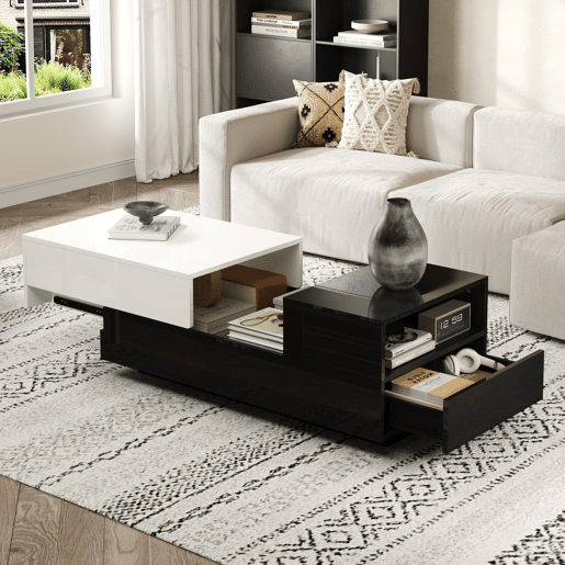 Mesa de centro 100 x 50 x 38 cm - Com 1 gaveta, mesa com placa deslizante, design geométrico, preto e branco Mesa de centro 100 x 50 x 38 cm - Com 1 gaveta, mesa com placa deslizante, design geométrico, preto e branco