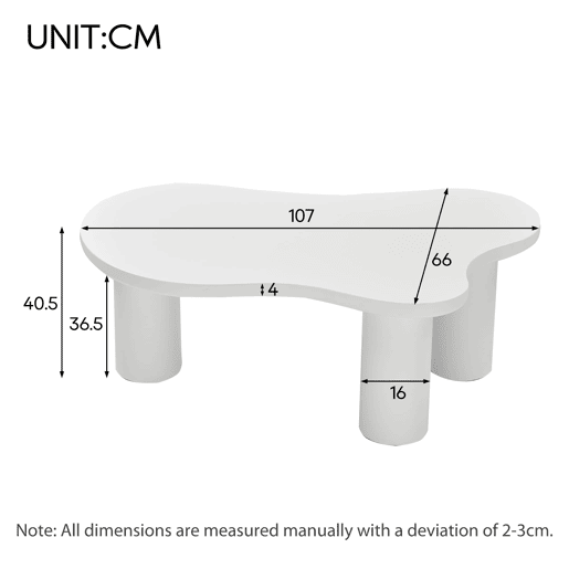Mesa de centro 107x66x40,5 cm - design irregular em forma de nuvem, MDF e pernas em PVC - Branco