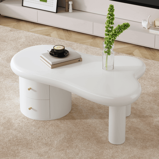 Mesa de centro moderna - Forma irregular - 2 gavetas, economia de espaço, estilo, estável - Branco
