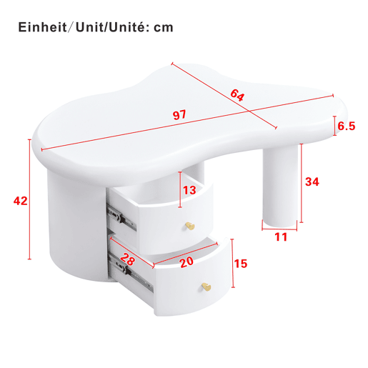 Mesa de centro moderna - Forma irregular - 2 gavetas, economia de espaço, estilo, estável - Branco