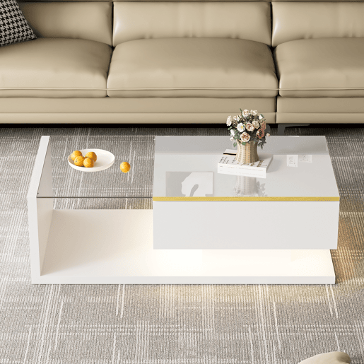 Mesa de centro 100 cm - Com vidro e efeito LED - Branco Mesa de centro 100 cm - Com vidro e efeito LED - Branco