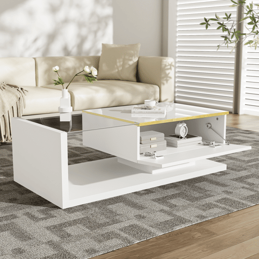 Mesa de centro 100 cm - Com vidro e efeito LED - Branco Mesa de centro 100 cm - Com vidro e efeito LED - Branco