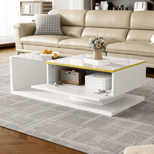Mesa de centro 100 cm - Com vidro e efeito LED - Branco Mesa de centro 100 cm - Com vidro e efeito LED - Branco