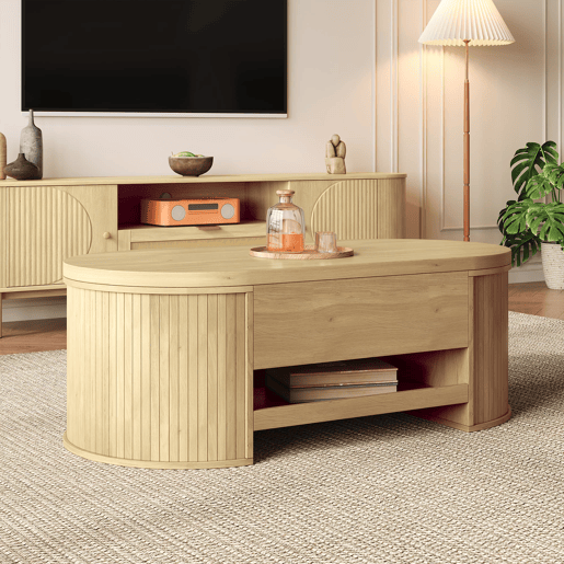 Mesa de centro elevável - com laterais de madeira curvadas, prateleira extensĂvel, design multifuncional - cor madeira Mesa de centro elevável - com laterais de madeira curvadas, prateleira extensĂvel, design multifuncional - cor madeira
