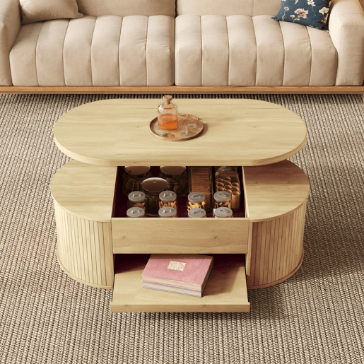 Mesa de centro elevável - com laterais de madeira curvadas, prateleira extensĂvel, design multifuncional - cor madeira Mesa de centro elevável - com laterais de madeira curvadas, prateleira extensĂvel, design multifuncional - cor madeira