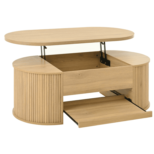 Mesa de centro elevável - com laterais de madeira curvadas, prateleira extensĂvel, design multifuncional - cor madeira Mesa de centro elevável - com laterais de madeira curvadas, prateleira extensĂvel, design multifuncional - cor madeira