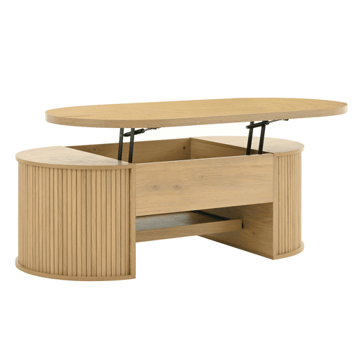 Mesa de centro elevável - com laterais de madeira curvadas, prateleira extensĂvel, design multifuncional - cor madeira Mesa de centro elevável - com laterais de madeira curvadas, prateleira extensĂvel, design multifuncional - cor madeira