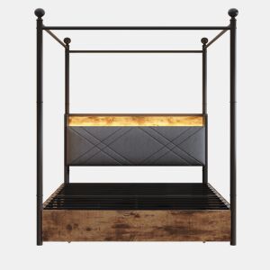 Cama multifuncional 140x190 - com arrumação, dossel de ferro, LED, portas USBType-C, 3 gavetas - preta