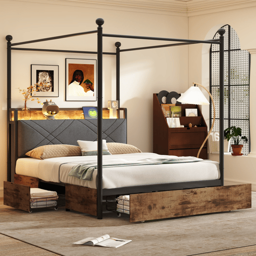 Cama multifuncional 140x190 - com arrumação, dossel de ferro, LED, portas USBType-C, 3 gavetas - preta