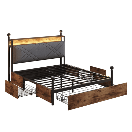 Cama multifuncional 140x190 - com arrumação, dossel de ferro, LED, portas USBType-C, 3 gavetas - preta