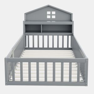 Cama infantil 90x200 - Estrutura em madeira maciça, com prateleiras, proteção e grade, cinza
