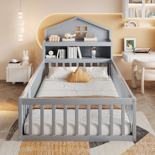 Cama infantil 90x200 - Estrutura em madeira maciça, com prateleiras, proteção e grade, cinza