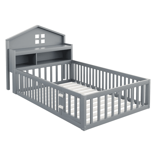 Cama infantil 90x200 - Estrutura em madeira maciça, com prateleiras, proteção e grade, cinza