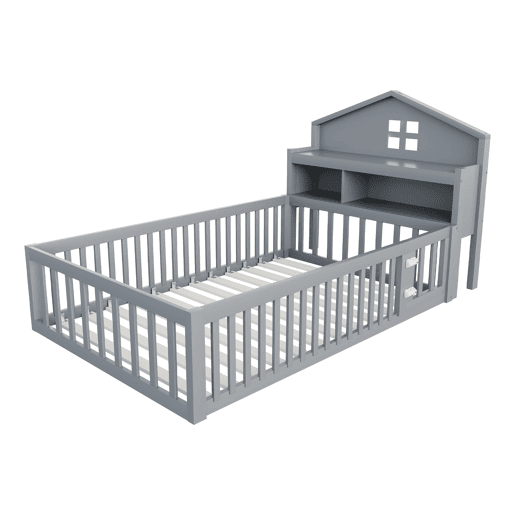 Cama infantil 90x200 - Estrutura em madeira maciça, com prateleiras, proteção e grade, cinza