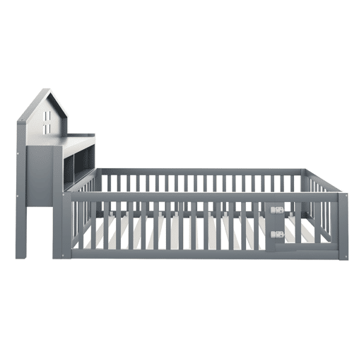 Cama infantil 90x200 - Estrutura em madeira maciça, com prateleiras, proteção e grade, cinza