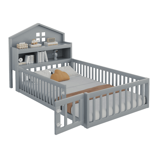 Cama infantil 90x200 - Estrutura em madeira maciça, com prateleiras, proteção e grade, cinza