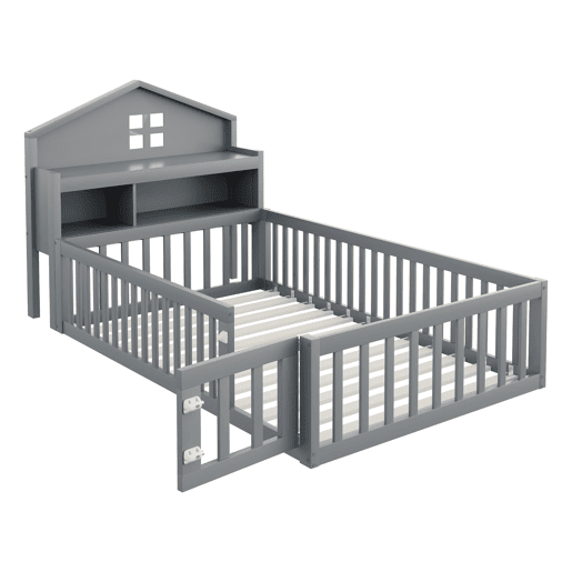 Cama infantil 90x200 - Estrutura em madeira maciça, com prateleiras, proteção e grade, cinza