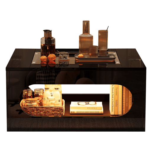 Mesa de centro quadrada 70x70x35 cm - Mesa de sala com vidro temperado, LED, abertura central - Preto