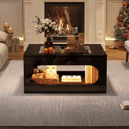 Mesa de centro quadrada 70x70x35 cm - Mesa de sala com vidro temperado, LED, abertura central - Preto