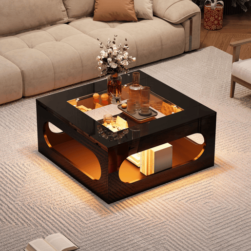 Mesa de centro quadrada 70x70x35 cm - Mesa de sala com vidro temperado, LED, abertura central - Preto