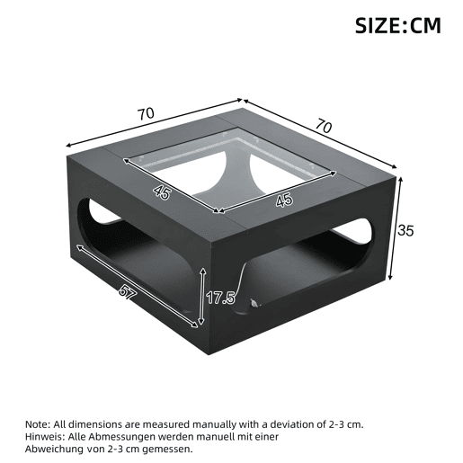 Mesa de centro quadrada 70x70x35 cm - Mesa de sala com vidro temperado, LED, abertura central - Preto