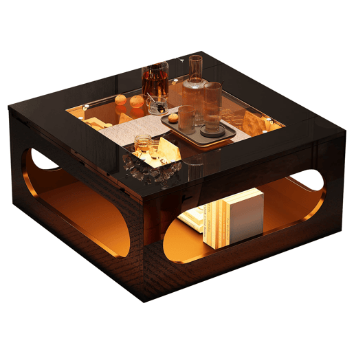 Mesa de centro quadrada 70x70x35 cm - Mesa de sala com vidro temperado, LED, abertura central - Preto
