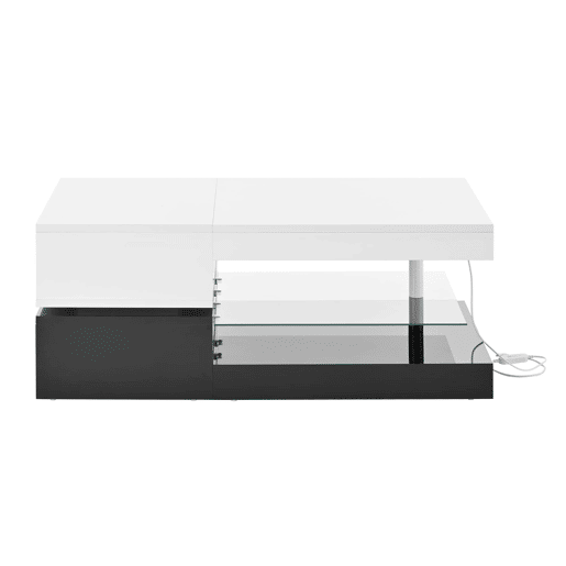 Mesa de centro 90x45x35,5 cm - LED, controlo APP e Bluetooth, prateleira de vidro, design preto e branco