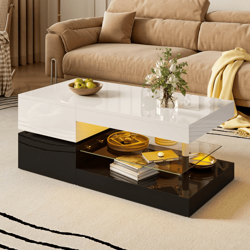 Mesa de centro 90x45x35,5 cm - LED, controlo APP e Bluetooth, prateleira de vidro, design preto e branco