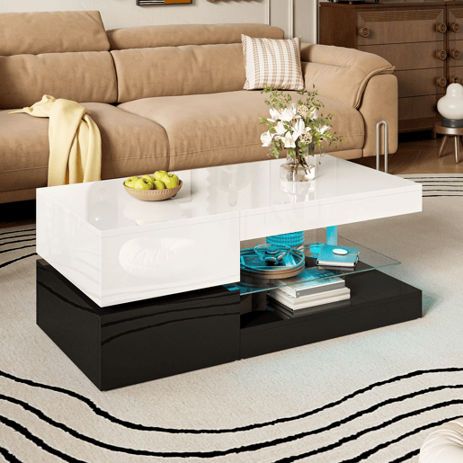 Mesa de centro 90x45x35,5 cm - LED, controlo APP e Bluetooth, prateleira de vidro, design preto e branco
