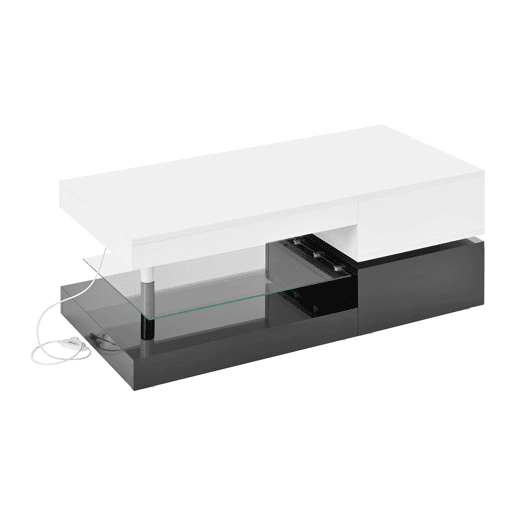 Mesa de centro 90x45x35,5 cm - LED, controlo APP e Bluetooth, prateleira de vidro, design preto e branco