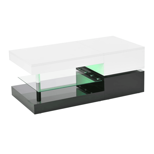 Mesa de centro 90x45x35,5 cm - LED, controlo APP e Bluetooth, prateleira de vidro, design preto e branco