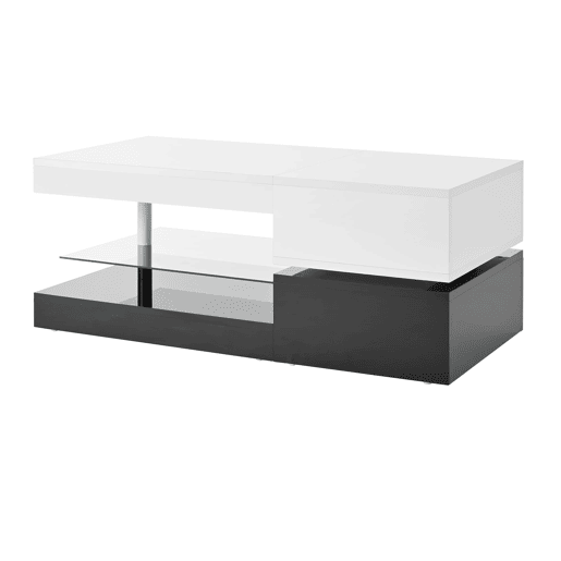 Mesa de centro 90x45x35,5 cm - LED, controlo APP e Bluetooth, prateleira de vidro, design preto e branco