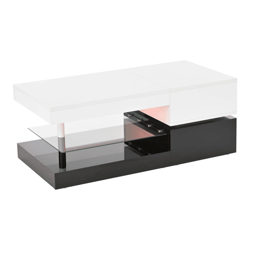 Mesa de centro 90x45x35,5 cm - LED, controlo APP e Bluetooth, prateleira de vidro, design preto e branco