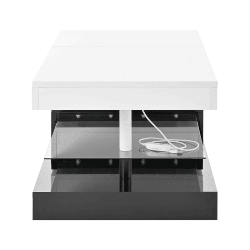 Mesa de centro 90x45x35,5 cm - LED, controlo APP e Bluetooth, prateleira de vidro, design preto e branco