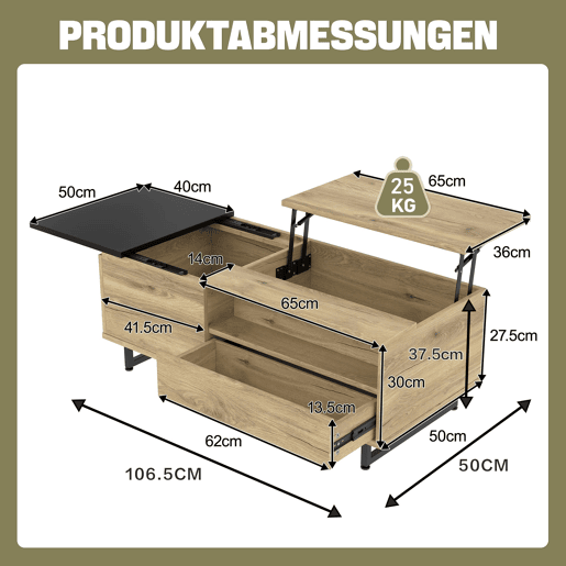 Mesa de centro - com arrumação, design moderno - cor natural